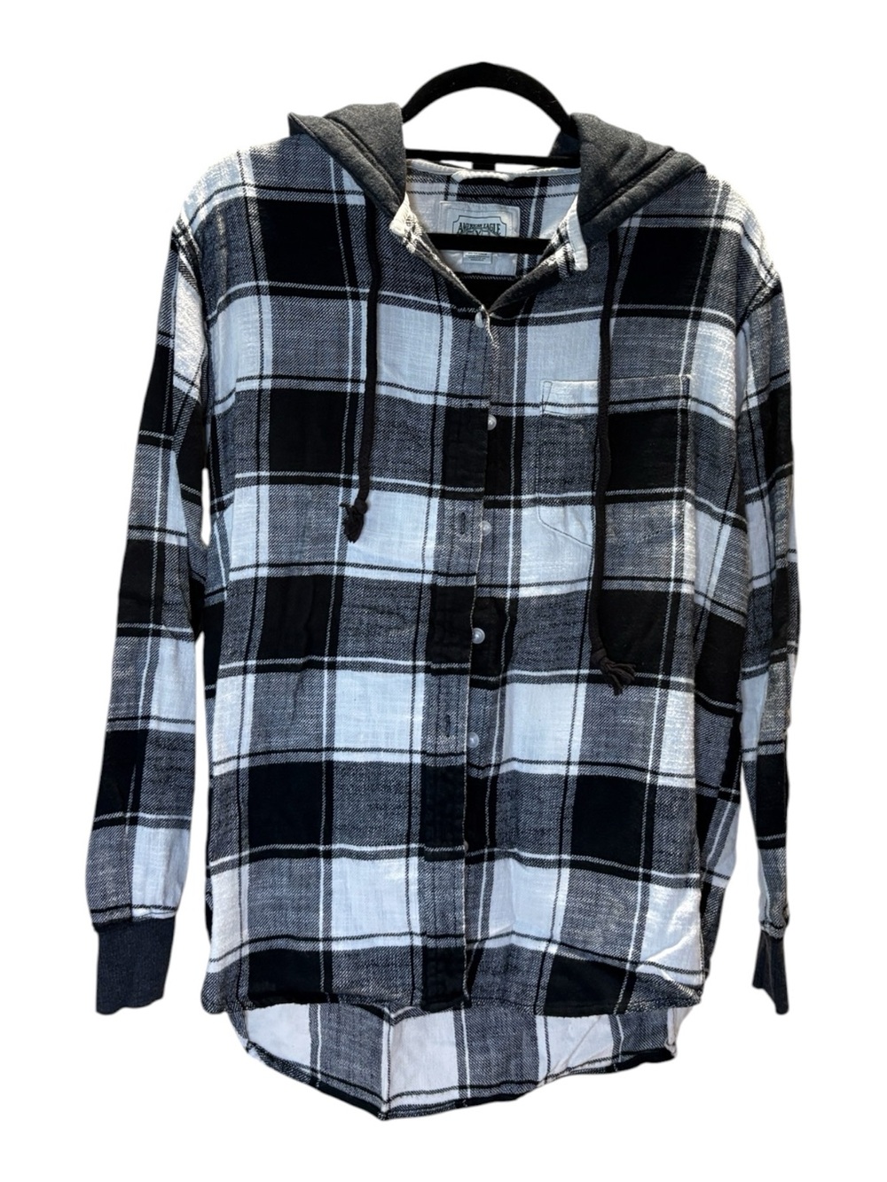 American Eagle Outfitters Black & White Plaid Hooded Button-Down Shirt